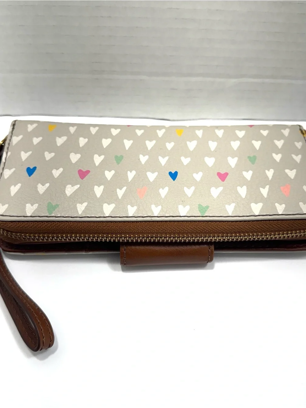 Fossil Madison Multicolor Heart-Pattern Zip Clutch, Leather Snap Tab & Strap